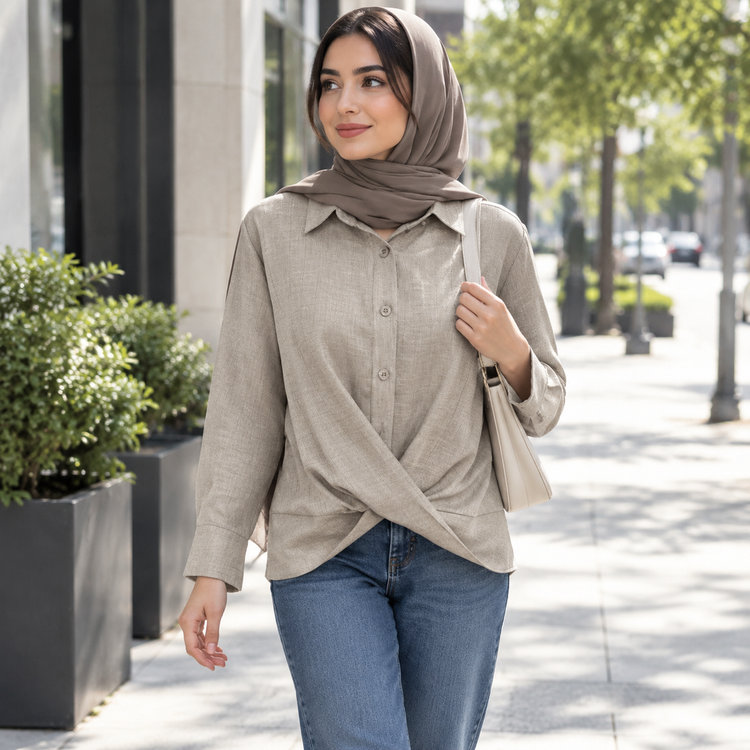 شومیز لینن زنانه مدل پیچشی - رنگ بژ دودی (کالکشن اختصاصی سروناز)