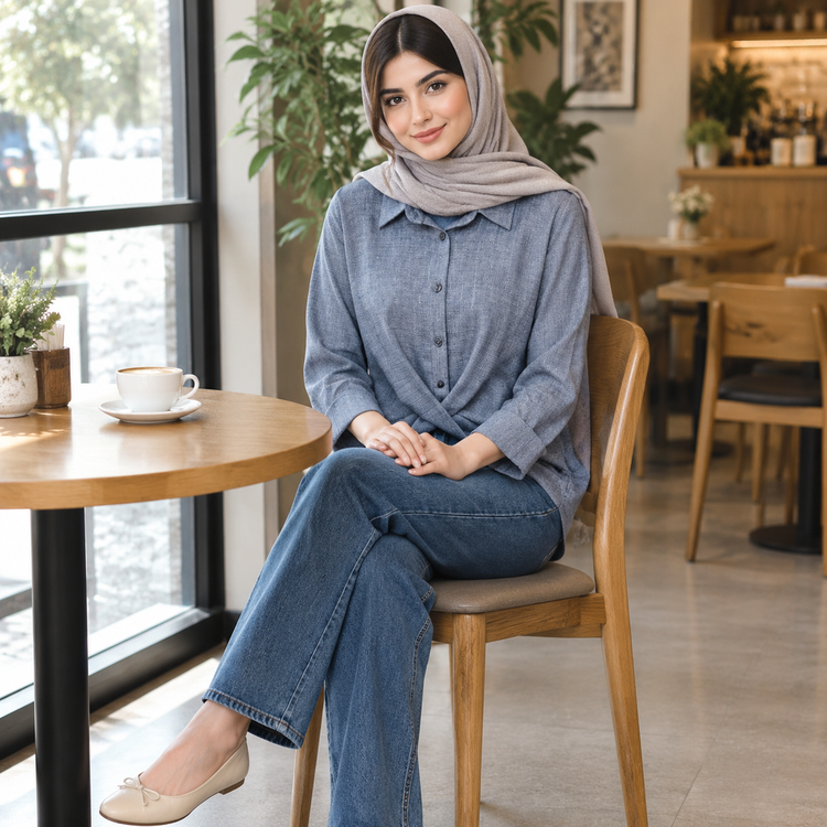 شومیز لینن زنانه مدل پیچشی - رنگ طوسی کلاسیک