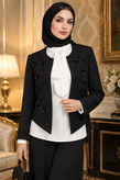 ست مجلسی لوکس؛ کت مشکی گلدوزی شده با شومیز سفید یقه پاپیونی